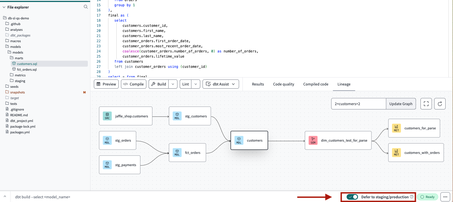 Select the 'Defer to production' toggle on the bottom right of the command bar to enable defer in the dbt Cloud IDE. Select the 'Defer to production' toggle on the bottom right of the command bar to enable defer in the dbt Cloud IDE.